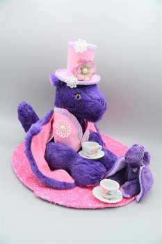 Handmade purple and pink dragon with handmade hat, vest, pocket dragon, two tea cups and saucers and tea mat.