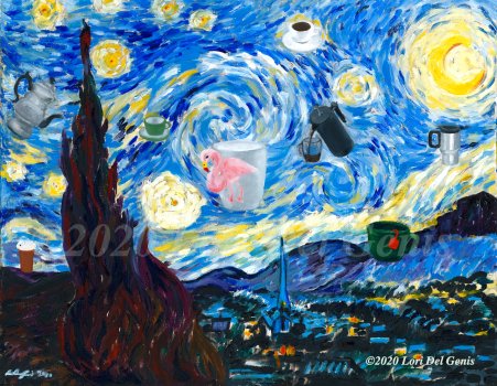 Mastercopy of Vincent Van Gogh's 'The Starry Night' with a 21st-Century update of coffee cups, teapots and flying saucers. Original and prints available on my website at https://afinelikeness.com/shop/