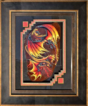 Two flame-winged dragons painted in acrylic on a large slab of Mahogany Obsidian, framed. https://www.theresamatherfantasyshop.com/dir/index.php?rt=product/product&product_id=513 alt-text for image