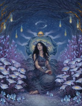 Persephone seated surrounded by glowing flowers in the Underworld