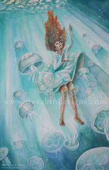 Woman floating under turquoise colored water among moon jellyfish.