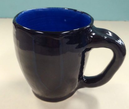 12 oz. ceramic mug, dishwasher/microwave safe, cobalt int. w/ black ext, subtle blue vert drips