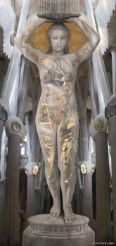 A caryatid stands in a cathedral, a golden halo behind her head, and machinery visible within her body.