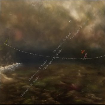 Girl crossing a dark sea on an impossible, tenuous tightrope. alt-text for image