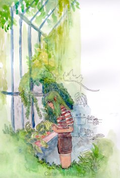 A green haired, brown skinned elf in a red striped shirt and brown shorts admires the plants in a lush, humid greenhouse. Their hands are clapsed together and they have a meditative expression.