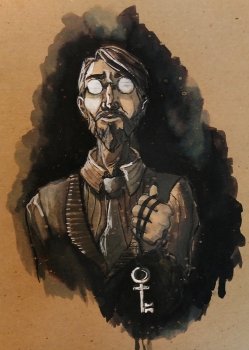 Dr. Bumby Ink Portrait; man with reflective glasses holding a key on a string