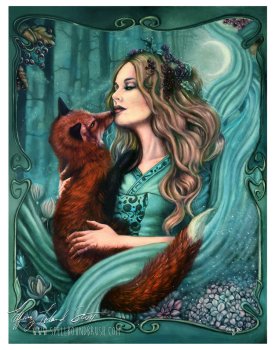 a witch and her fox familiar standing in a garden under the moon
