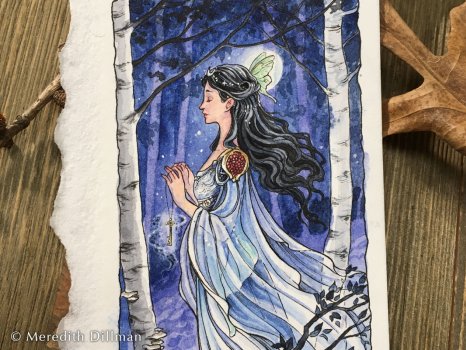 A small watercolor of a woman in a birch forest.